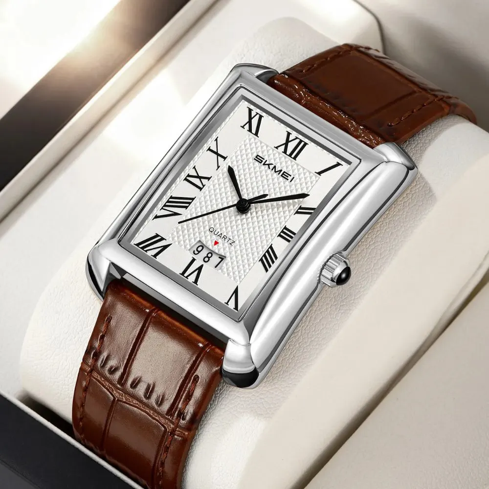 skmei-2575-men-rectangular-quartz-watch SKMEI Classic Rectangular Roman Dial Leather Strap Watch for Men - Image 1